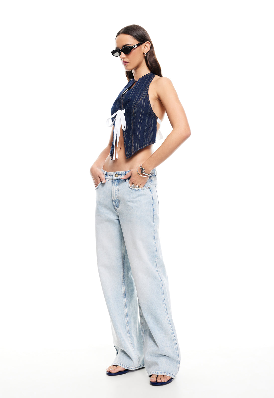 BUTTERFLY TIE TOP - DARK DENIM STRIPE