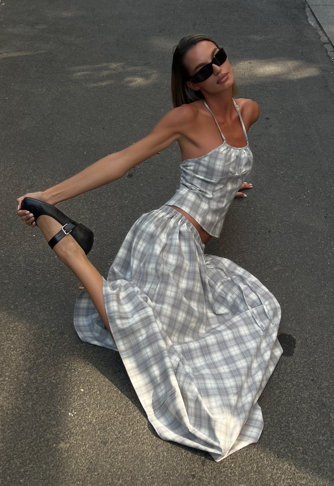 SWEET ESCAPE MAXI SKIRT - SMOKE PLAID