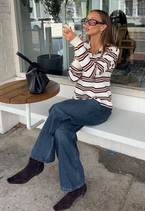 LEISURE LONG SLEEVE POLO - COFFEE STRIPE