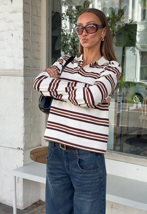 LEISURE LONG SLEEVE POLO - COFFEE STRIPE
